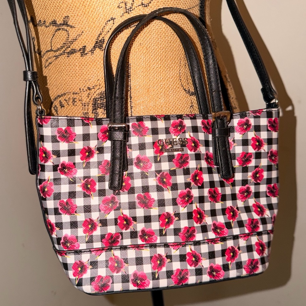 GUESS Black & White Gingham Tote with Pink Floral Print
